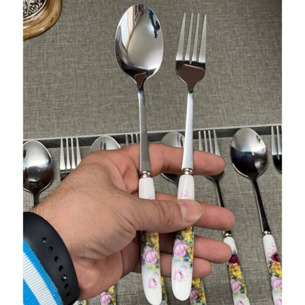 ست قاشق و چنگال دسته سرامیکی گل سرخ